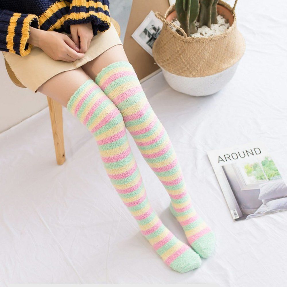 3/$20 NWT Green Striped Fleece Thigh High Socks